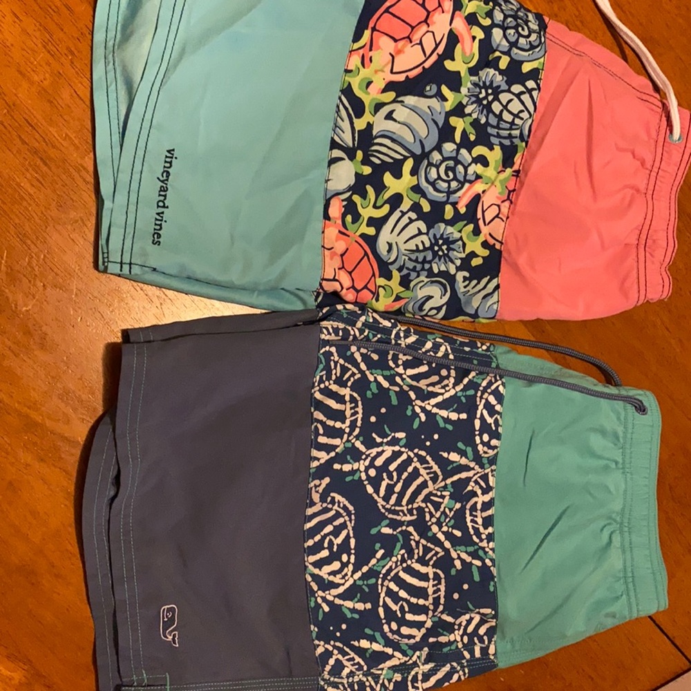 Vineyard Vines Men’s Colorblock Swim Trunks in Teal, Coral, Navy